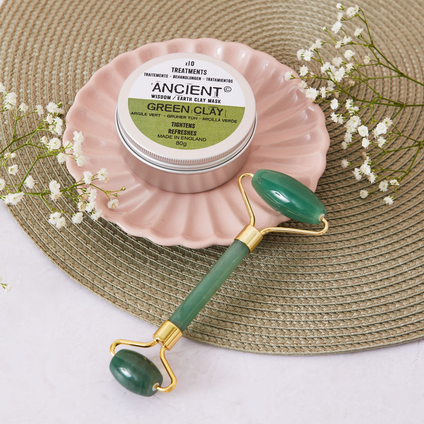 Set of Green Clay Mask and Jade Face Roller