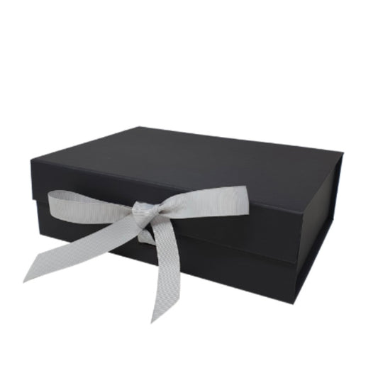 Black Magnetic Box with a silver grey ribbon